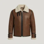 Men’s Brown Shearling Leather Aviator Jacket with Buckle Cuffs