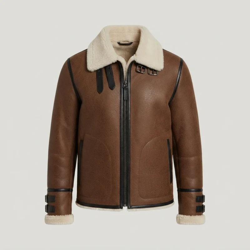 Men’s Brown Shearling Leather Aviator Jacket with Buckle Cuffs