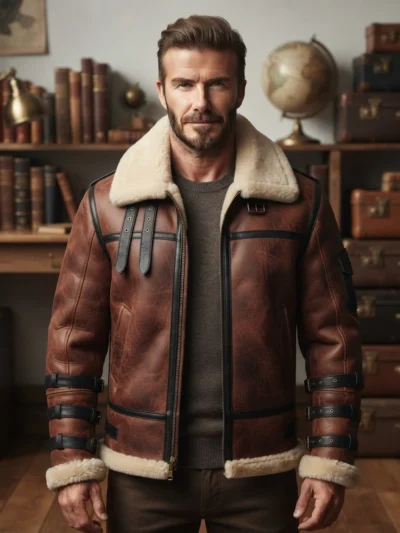 Men’s Brown Shearling Leather Aviator Jacket with Buckle Straps (1)