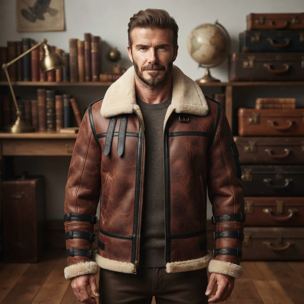 Men’s Brown Shearling Leather Aviator Jacket With Buckle Straps (1) Men’s Brown Shearling Leather Aviator Jacket with Buckle Straps (1)
