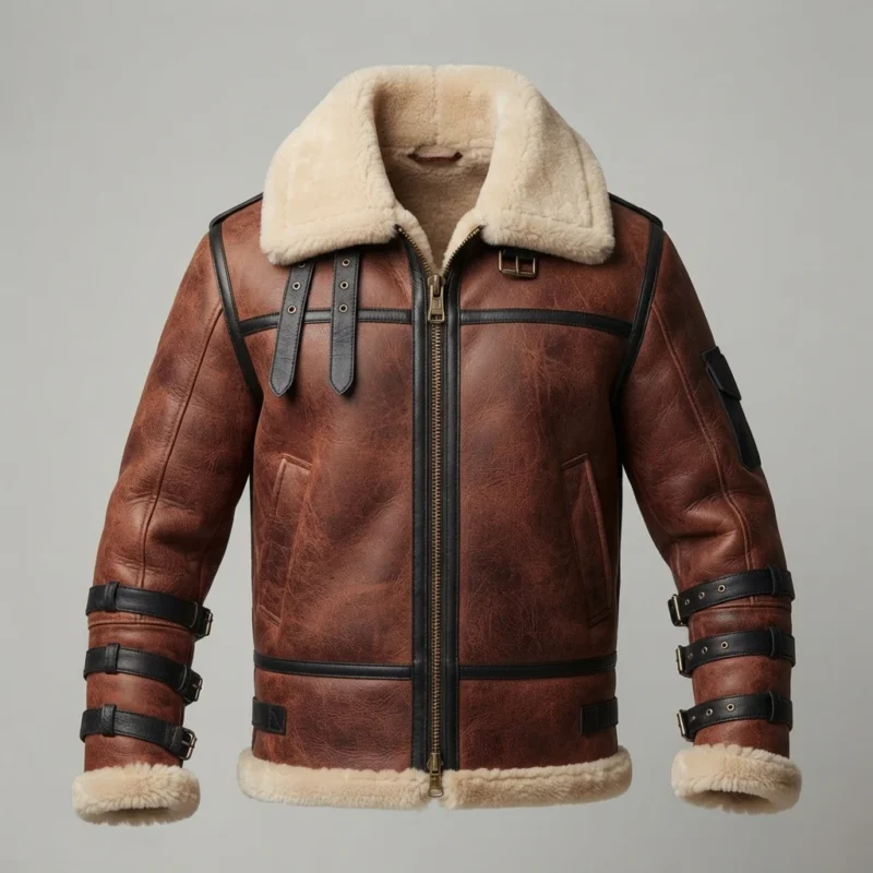 Men’s Brown Shearling Leather Aviator Jacket with Buckle Straps