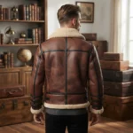 Men’s Brown Shearling Leather Aviator Jacket with Buckle Straps - Image 2