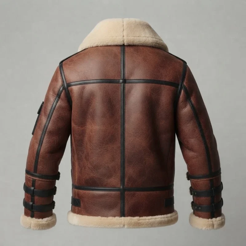 Men’s Brown Shearling Leather Aviator Jacket with Buckle Straps back