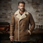 Men’s Brown Shearling Leather Peacoat with Double Breasted Closure