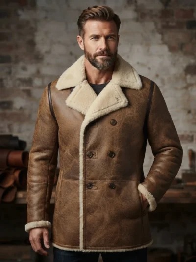 Men’s Brown Shearling Leather Peacoat with Double Breasted Closure