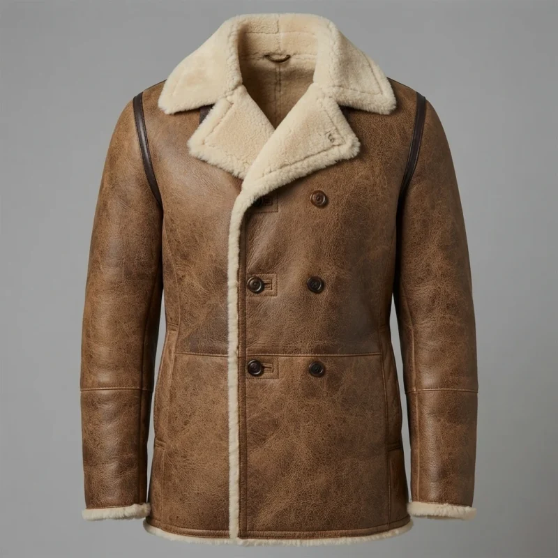 Men’s Brown Shearling Leather Peacoat with Double Breasted Closure