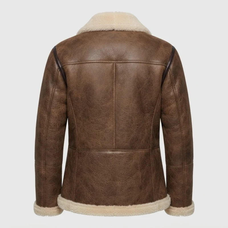 Men’s Brown Shearling Leather Peacoat with Double Breasted Closure back