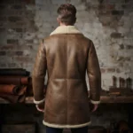 Men’s Brown Shearling Leather Peacoat with Double Breasted Closure - Image 2