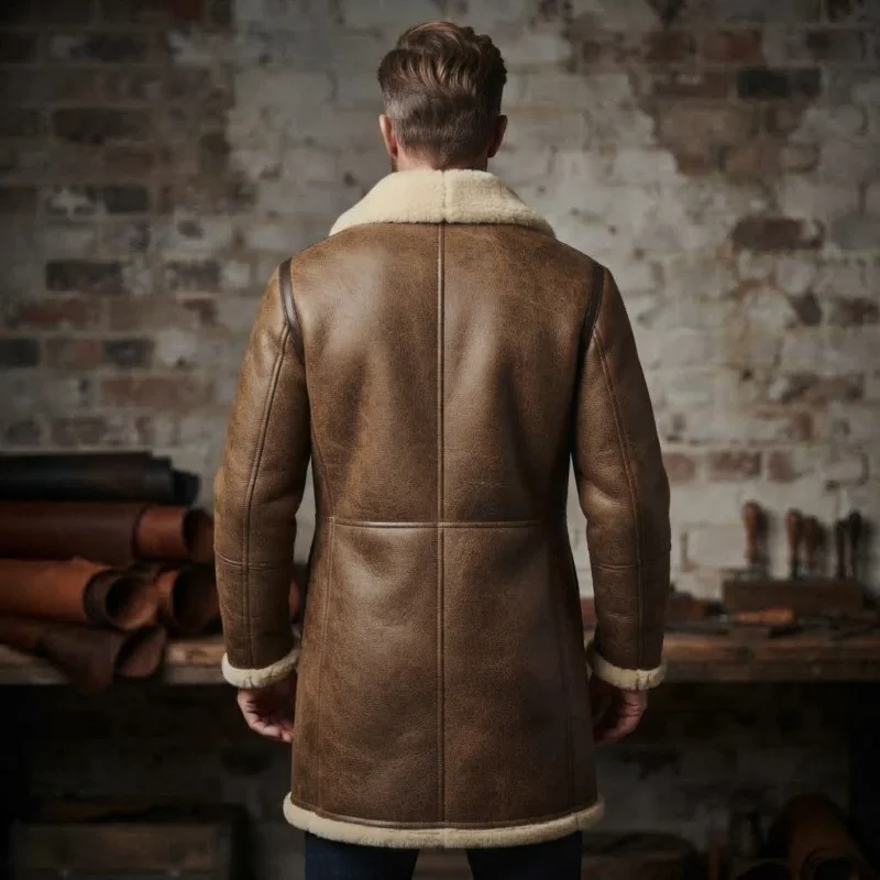 Men’s Brown Shearling Leather Peacoat with Double Breasted Closure - Image 2