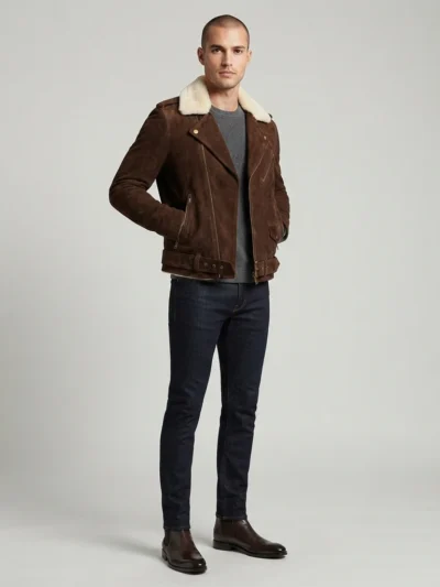 Men’s Brown Suede Shearling Biker Jacket with Belted Waist