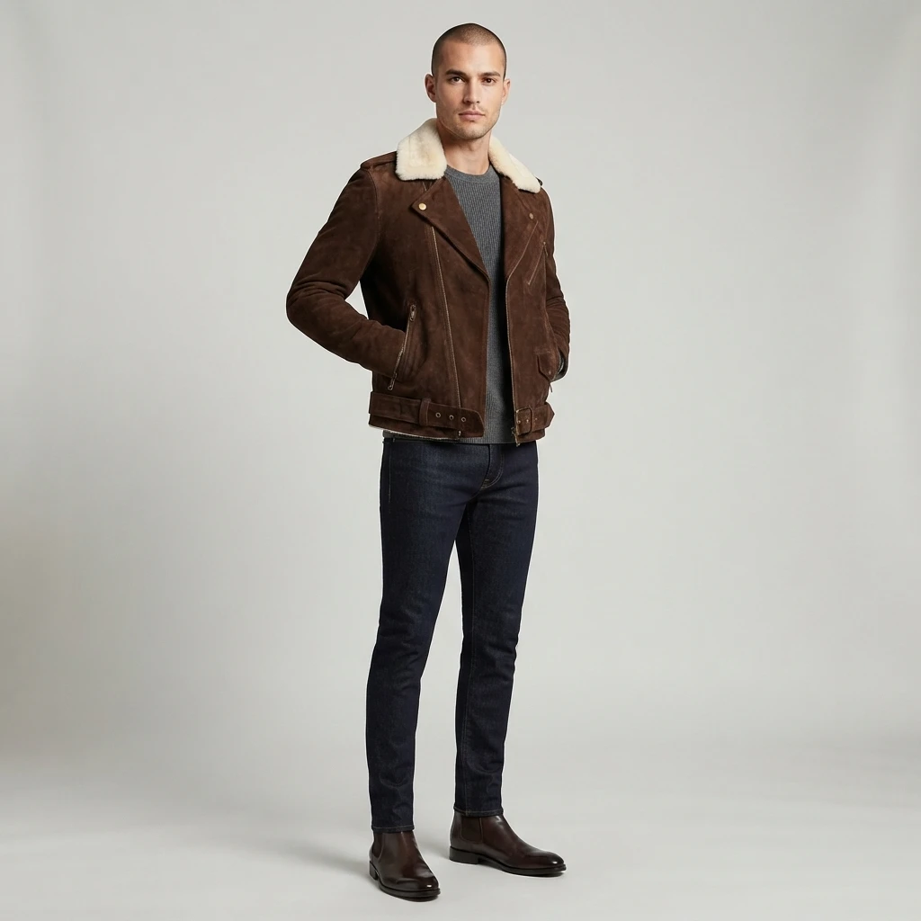 Men’s Brown Suede Shearling Biker Jacket With Belted Waist (1) Men’s Brown Suede Shearling Biker Jacket with Belted Waist