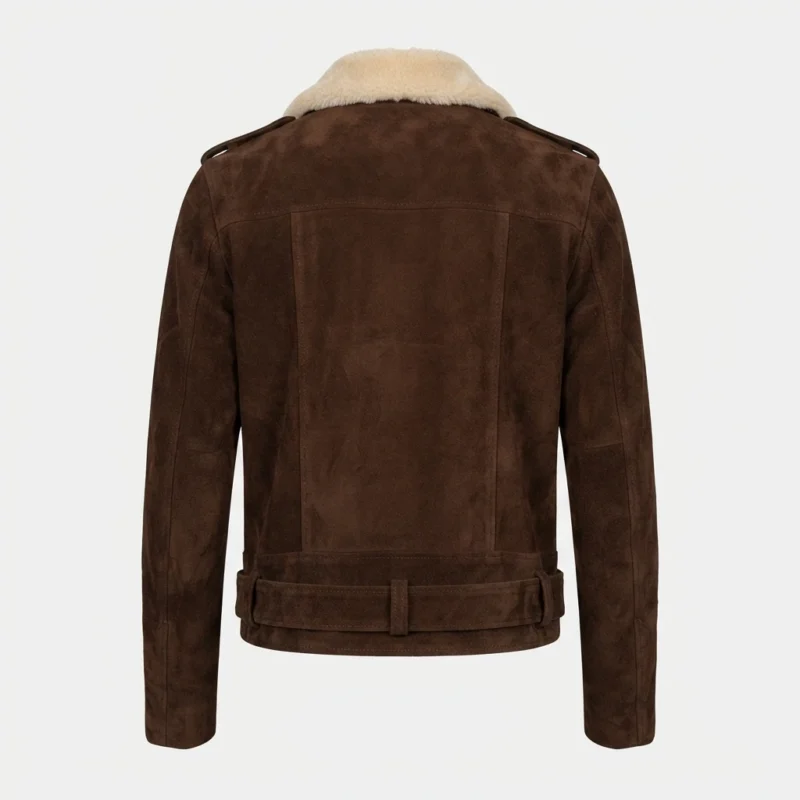 Men’s Brown Suede Shearling Biker Jacket with Belted Waist back