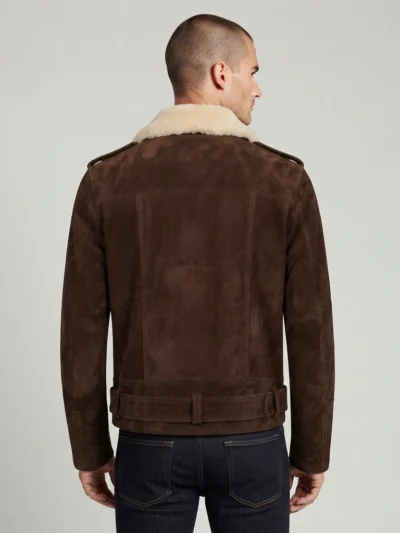 Men’s Brown Suede Shearling Biker Jacket with Belted Waist back
