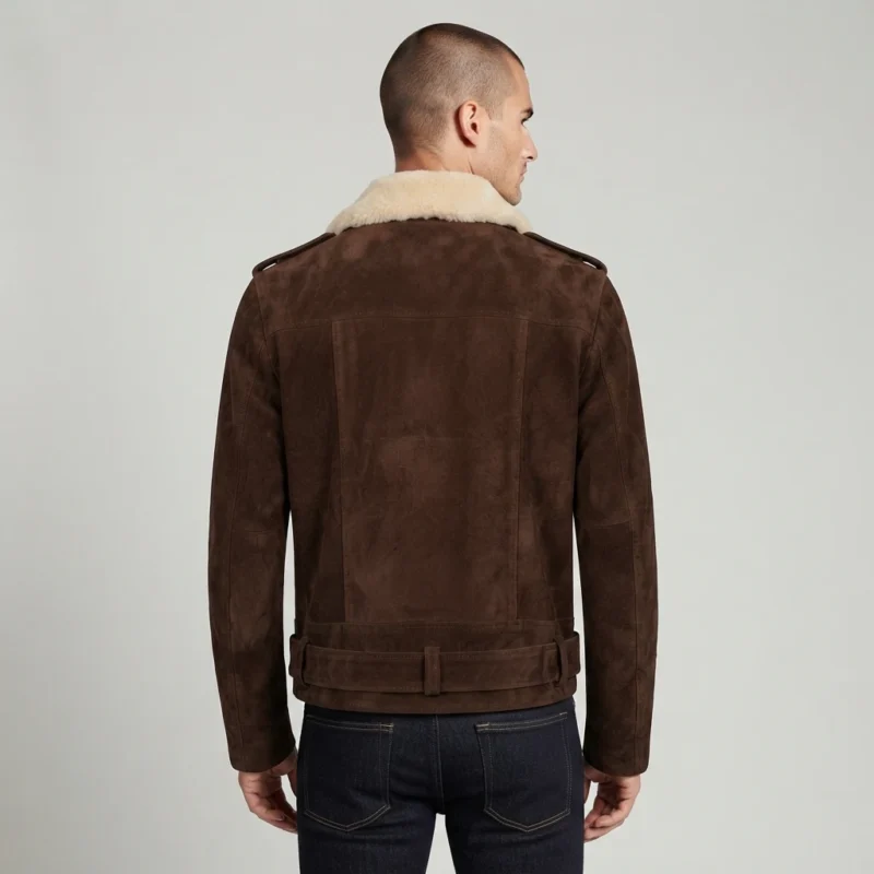 Men’s Brown Suede Shearling Biker Jacket with Belted Waist back