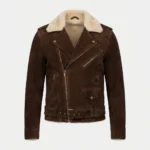 Men’s Brown Suede Shearling Biker Jacket with Belted Waist