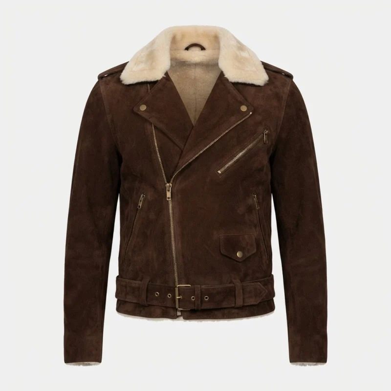 Men’s Brown Suede Shearling Biker Jacket with Belted Waist
