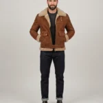 Men’s Cognac Brown Suede Shearling Jacket with Belted Waist & Fur Trim