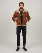 Men’s Cognac Brown Suede Shearling Jacket with Belted Waist & Fur Trim