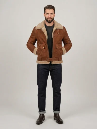 Men’s Cognac Brown Suede Shearling Jacket with Belted Waist & Fur Trim