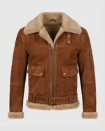 Men’s Cognac Brown Suede Shearling Jacket with Belted Waist & Fur Trim front