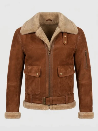 Men’s Cognac Brown Suede Shearling Jacket with Belted Waist & Fur Trim front