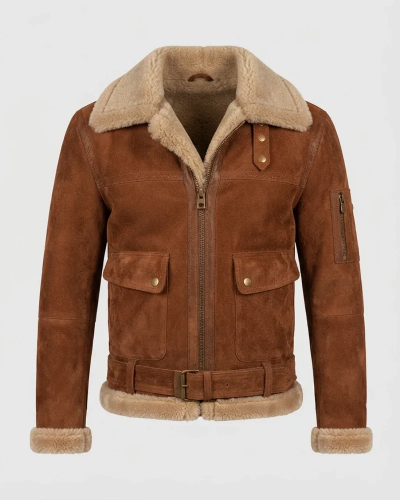 Men’s Cognac Brown Suede Shearling Jacket with Belted Waist & Fur Trim front