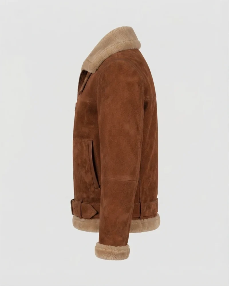 Men’s Cognac Brown Suede Shearling Jacket with Belted Waist & Fur Trim - Image 5
