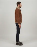 Men’s Cognac Brown Suede Shearling Jacket with Belted Waist & Fur Trim - Image 4