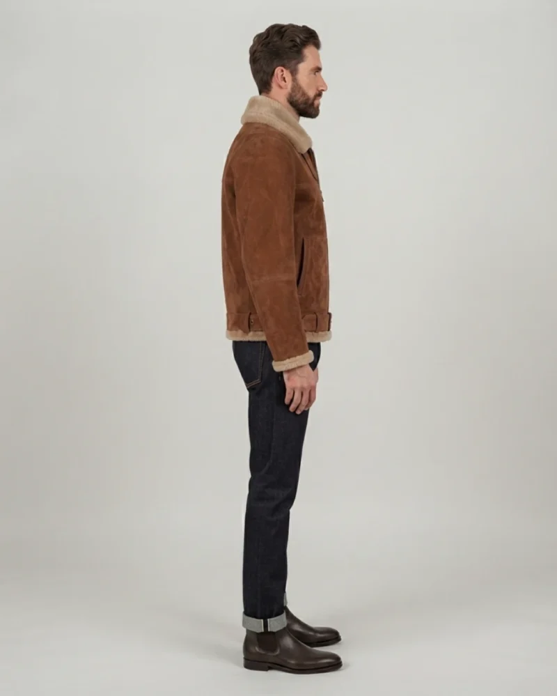 Men’s Cognac Brown Suede Shearling Jacket with Belted Waist & Fur Trim - Image 4