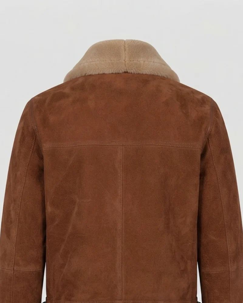 Men’s Cognac Brown Suede Shearling Jacket with Belted Waist & Fur Trim back