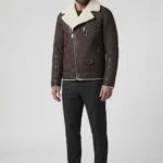 Mens Dark Aubergine Genuine Shearling Biker Leather Jacket front