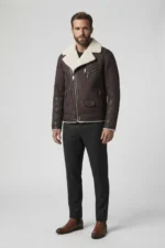 Mens Dark Aubergine Genuine Shearling Biker Leather Jacket front