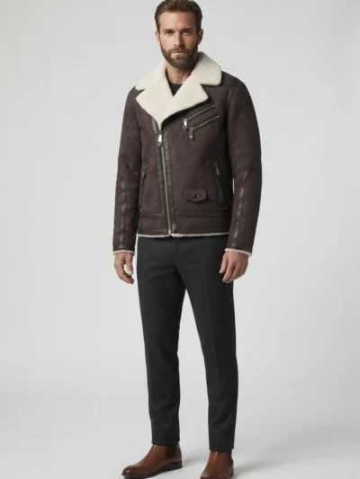 Mens Dark Aubergine Genuine Shearling Biker Leather Jacket front