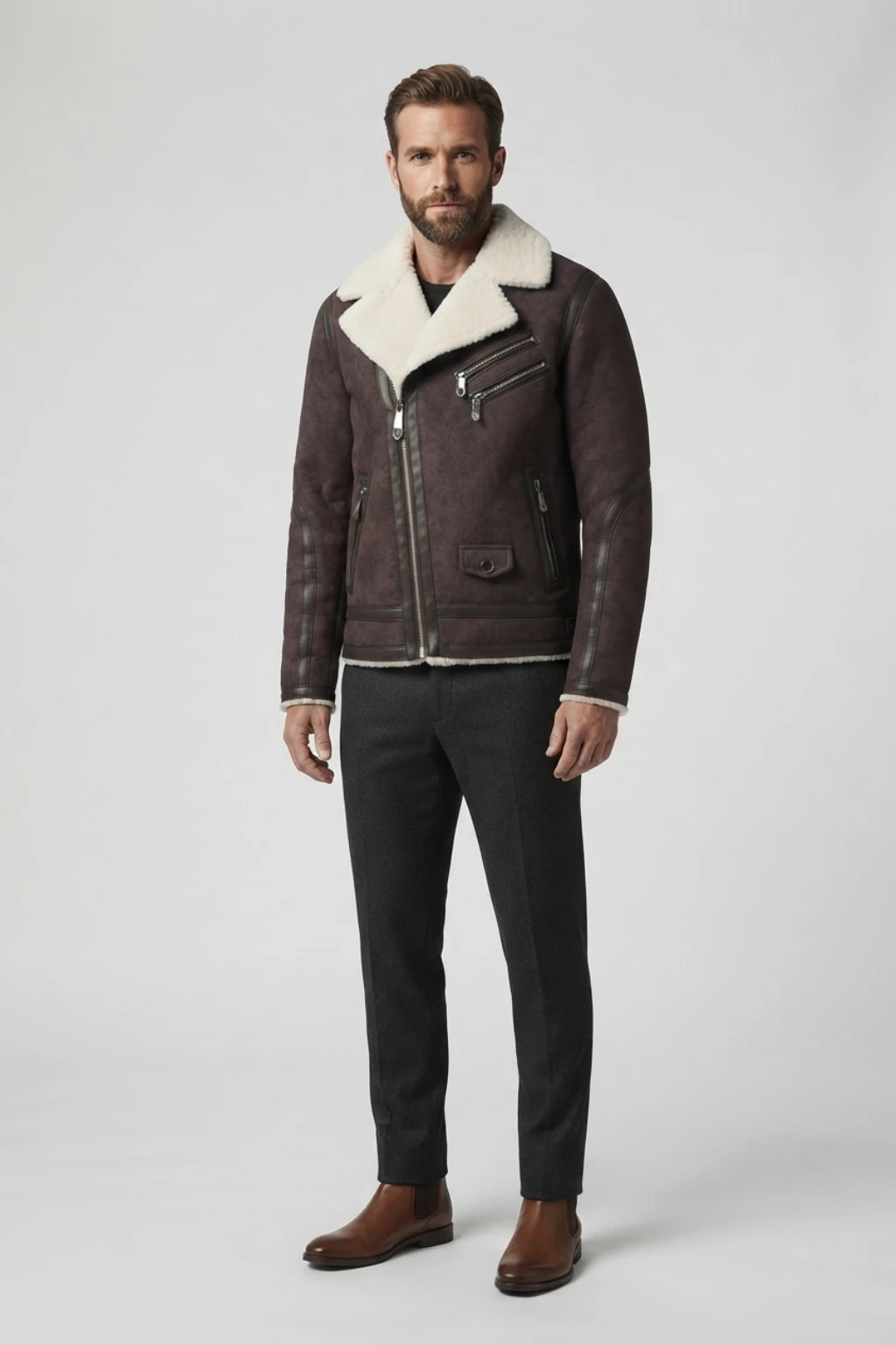 Mens Dark Aubergine Genuine Shearling Biker Leather Jacket (1) Mens Dark Aubergine Genuine Shearling Biker Leather Jacket front