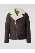 Mens Dark Aubergine Genuine Shearling Biker Leather Jacket front