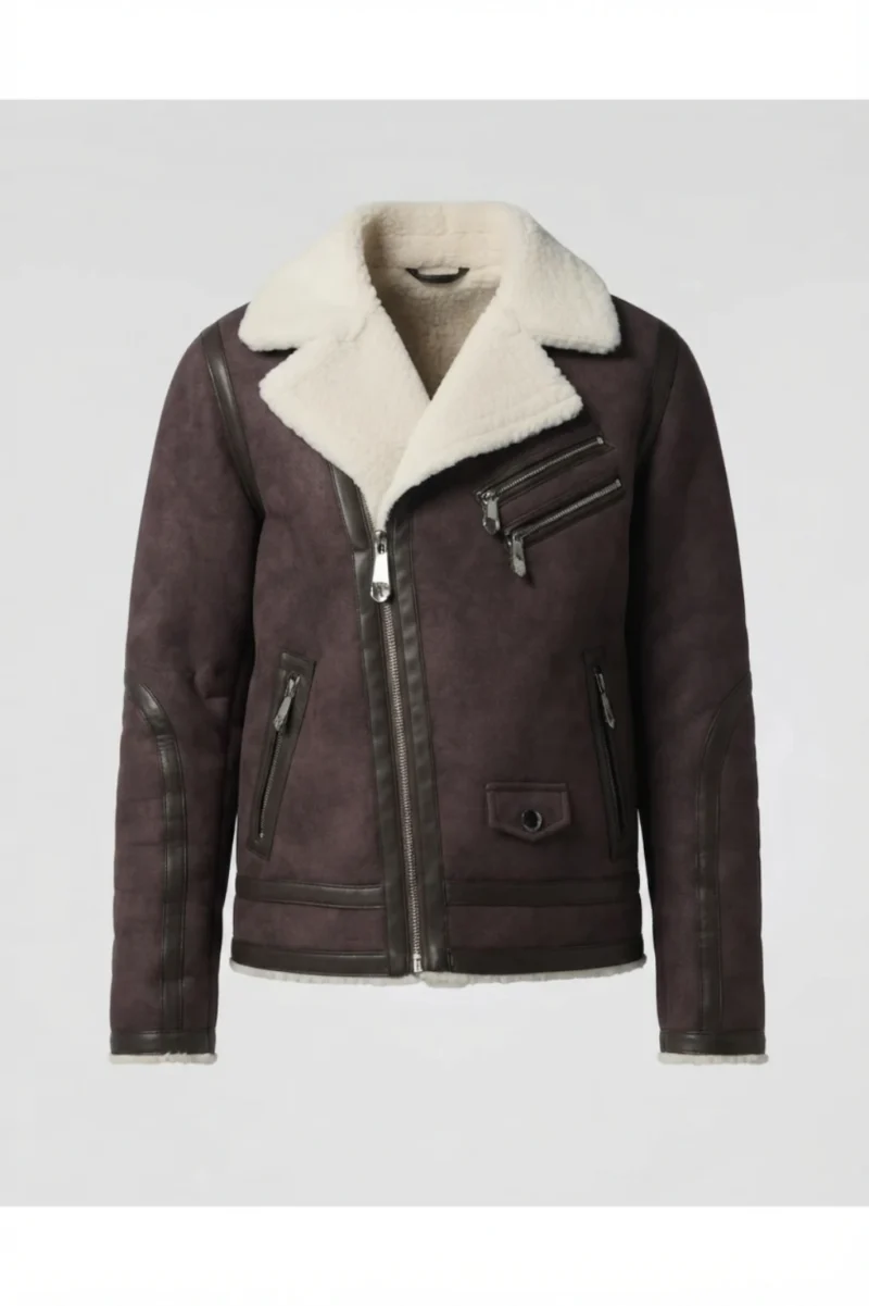 Mens Dark Aubergine Genuine Shearling Biker Leather Jacket front