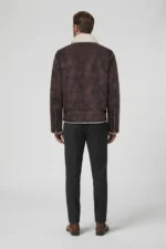 Mens Dark Aubergine Genuine Shearling Biker Leather Jacket back