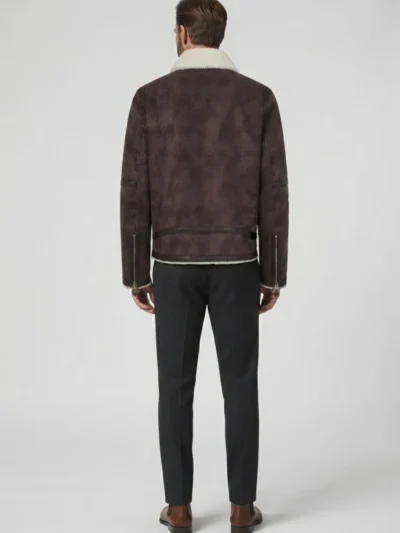 Mens Dark Aubergine Genuine Shearling Biker Leather Jacket back