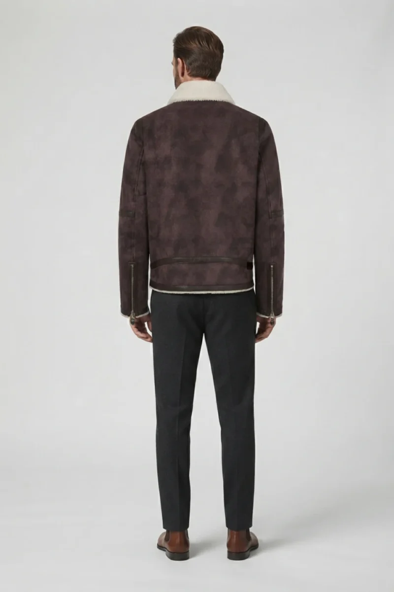 Mens Dark Aubergine Genuine Shearling Biker Leather Jacket back