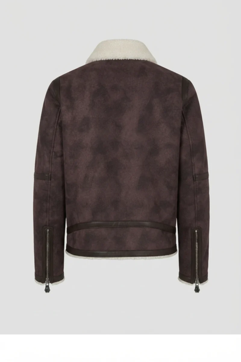 Mens Dark Aubergine Genuine Shearling Biker Leather Jacket back