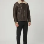Mens Dark Brown Genuine Shearling Biker Aviator Jacket front