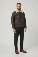 Mens Dark Brown Genuine Shearling Biker Aviator Jacket front
