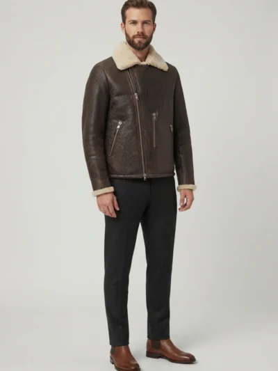 Mens Dark Brown Genuine Shearling Biker Aviator Jacket front