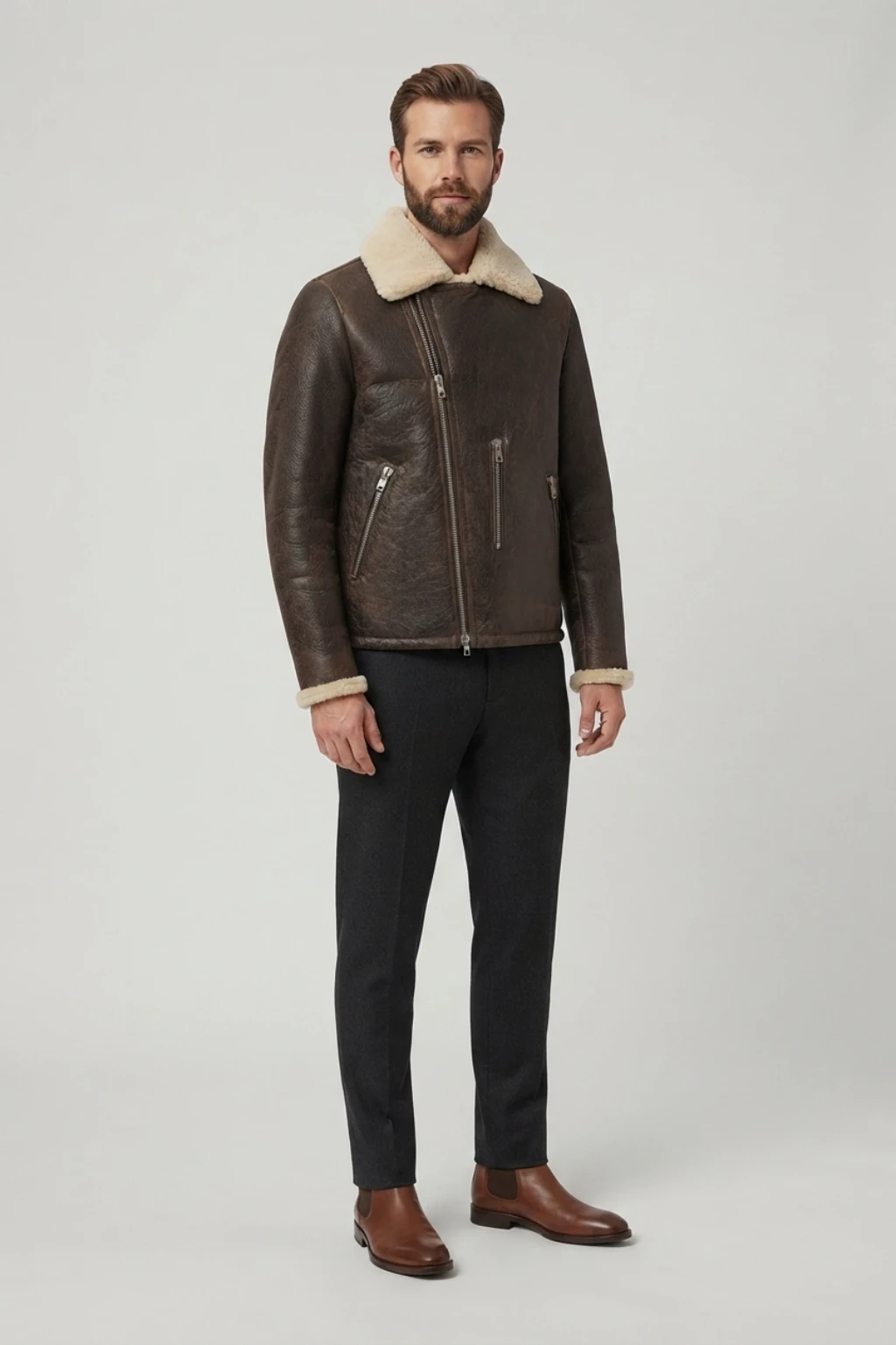 Mens Dark Brown Genuine Shearling Biker Aviator Jacket (1) Mens Dark Brown Genuine Shearling Biker Aviator Jacket front
