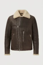 Mens Dark Brown Genuine Shearling Biker Aviator Jacket front