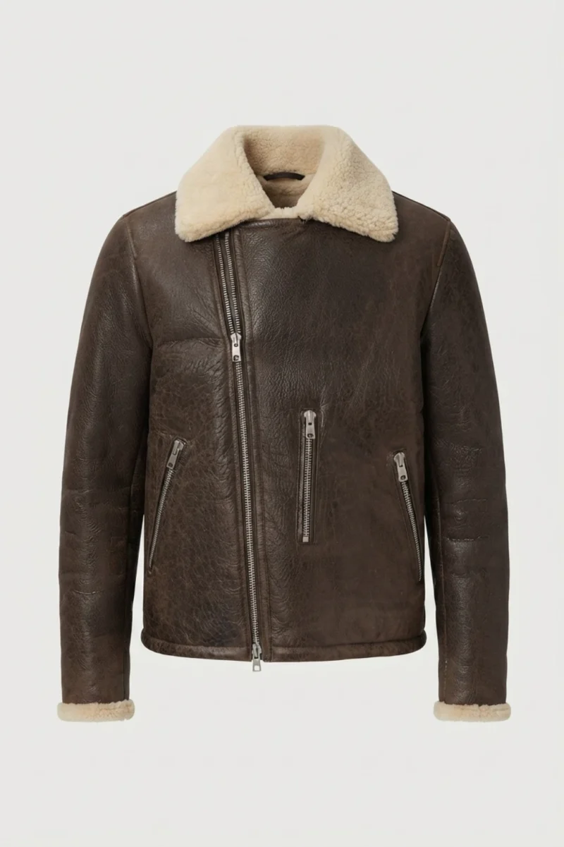 Mens Dark Brown Genuine Shearling Biker Aviator Jacket front