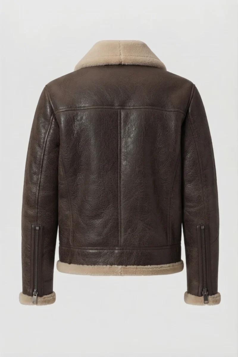 Mens Dark Brown Genuine Shearling Biker Aviator Jacket back side