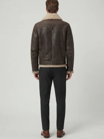 Mens Dark Brown Genuine Shearling Biker Aviator Jacket back side