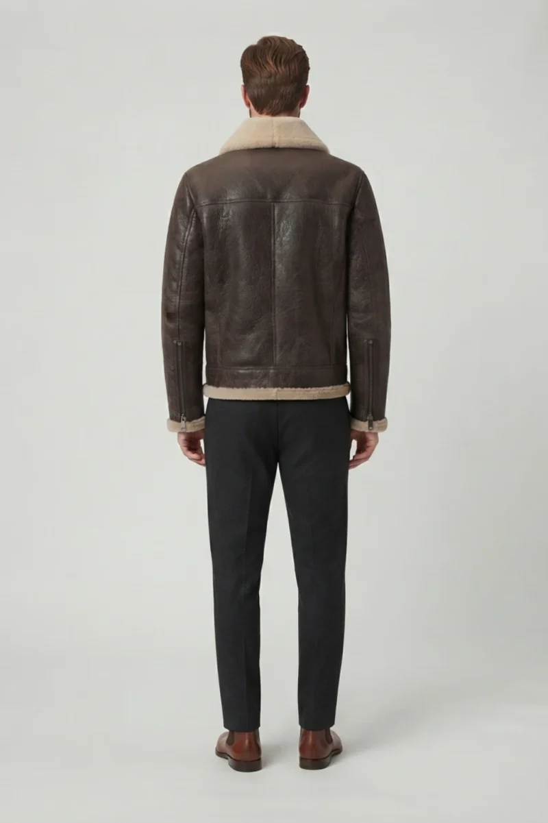 Mens Dark Brown Genuine Shearling Biker Aviator Jacket back side