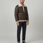 Men’s Dark Brown Shearling Jacket with Cream Fur Collar